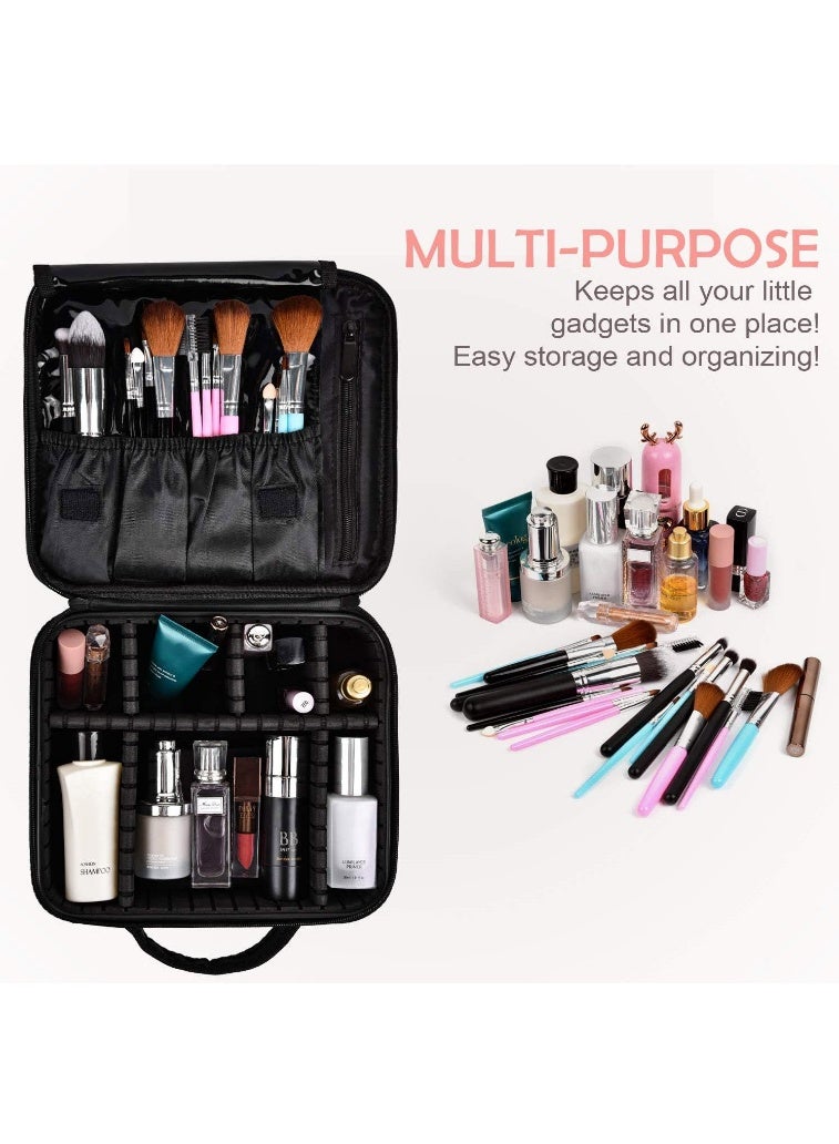 Travel Cosmetic Case, Cosmetic Case Organizer, Portable Artist Cosmetic Bag with Adjustable Dividers for Cosmetics, Makeup Brushes, Toiletries, Jewelry, Digital Accessories - Black - Image 4